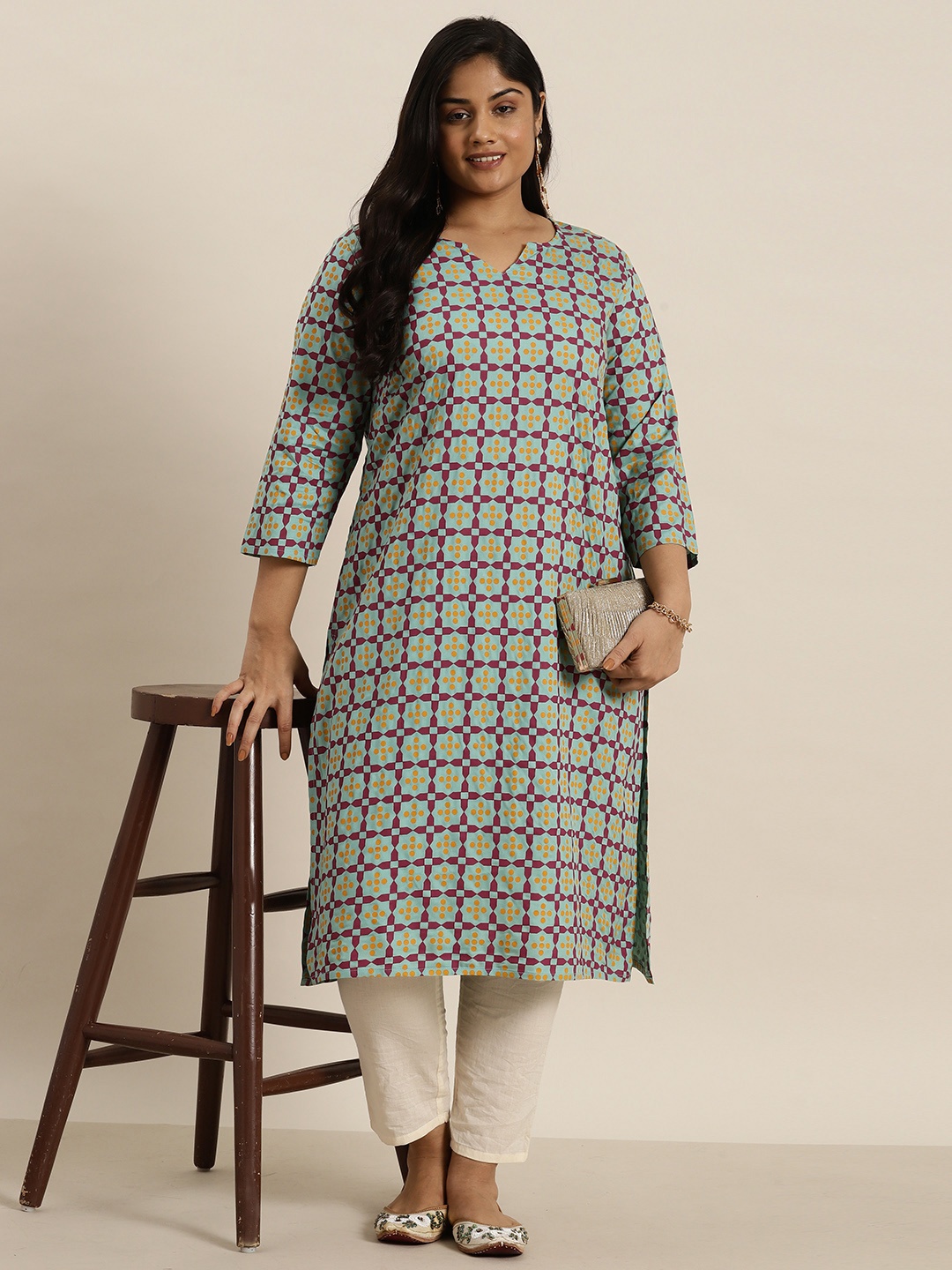 

Sztori Plus Size Geometric Printed Straight Kurta, Green
