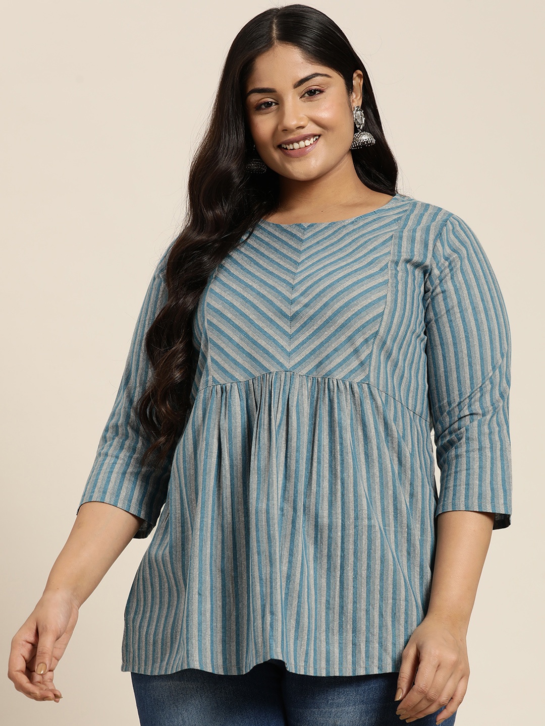

Sztori Plus Size Striped Pleated Kurti, Blue