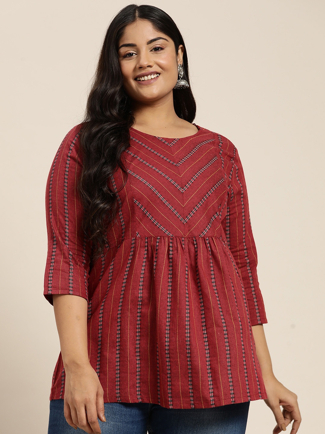 

Sztori Plus Size Woven Design Pleated Kurti, Maroon