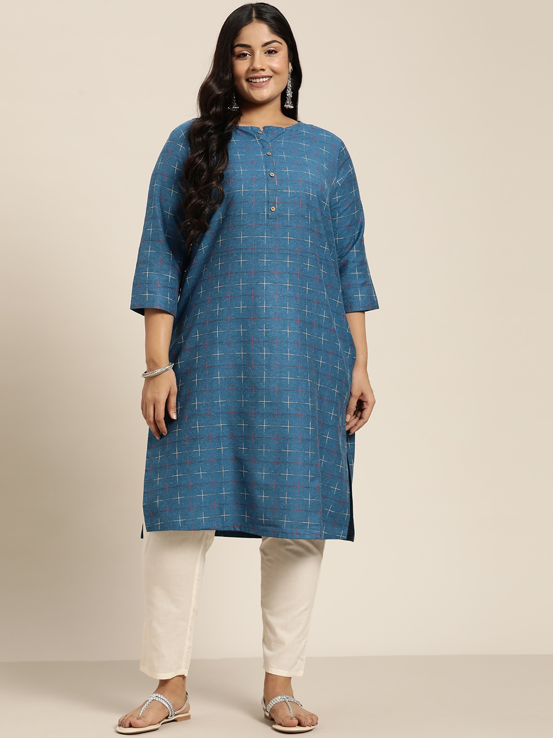 

Sztori Plus Size Woven Designed Checked Straight Kurta, Blue