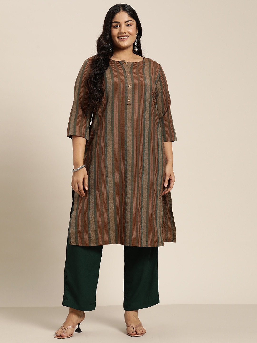 

Sztori Plus Size Woven Designed Striped Kurta, Green