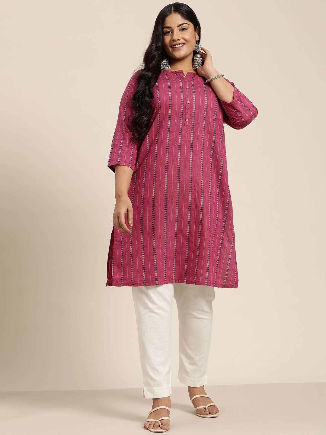 

Sztori Plus Size Woven Designed Striped Straight Kurta, Magenta