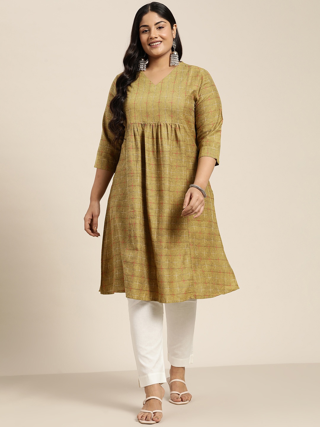 

Sztori Plus Size Pleated Detailed Woven Designed A-Line Kurta, Olive