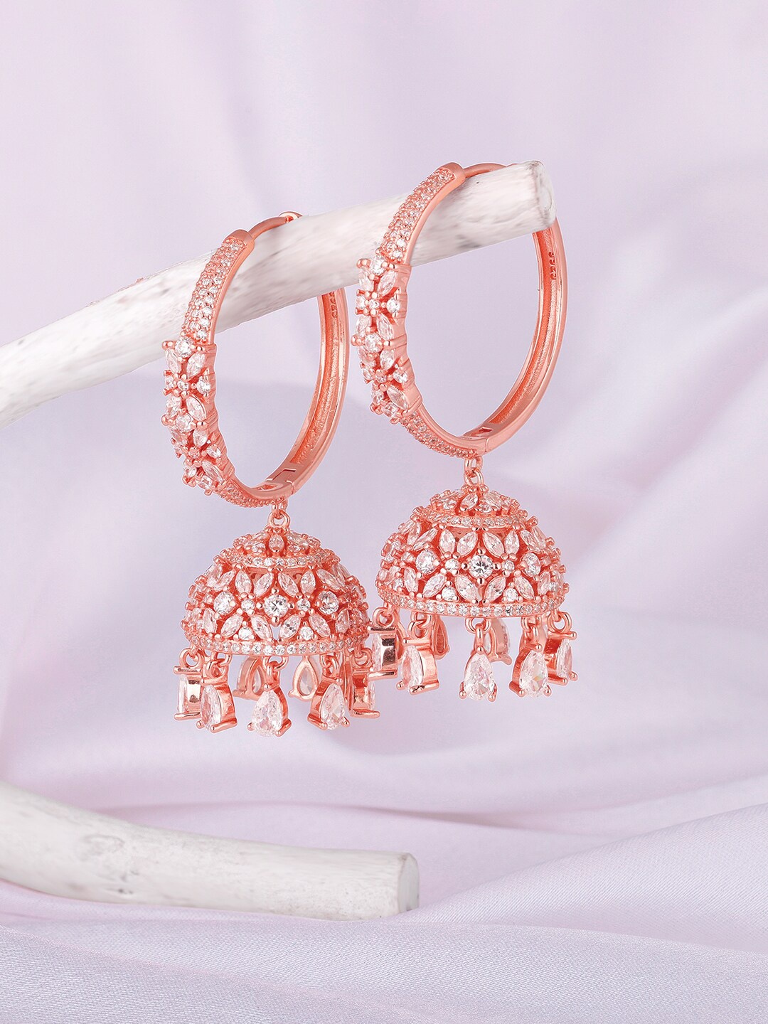 

GIVA Rose Gold & White Rose Gold Plated Cubic Zirconia Contemporary Jhumkas Earrings