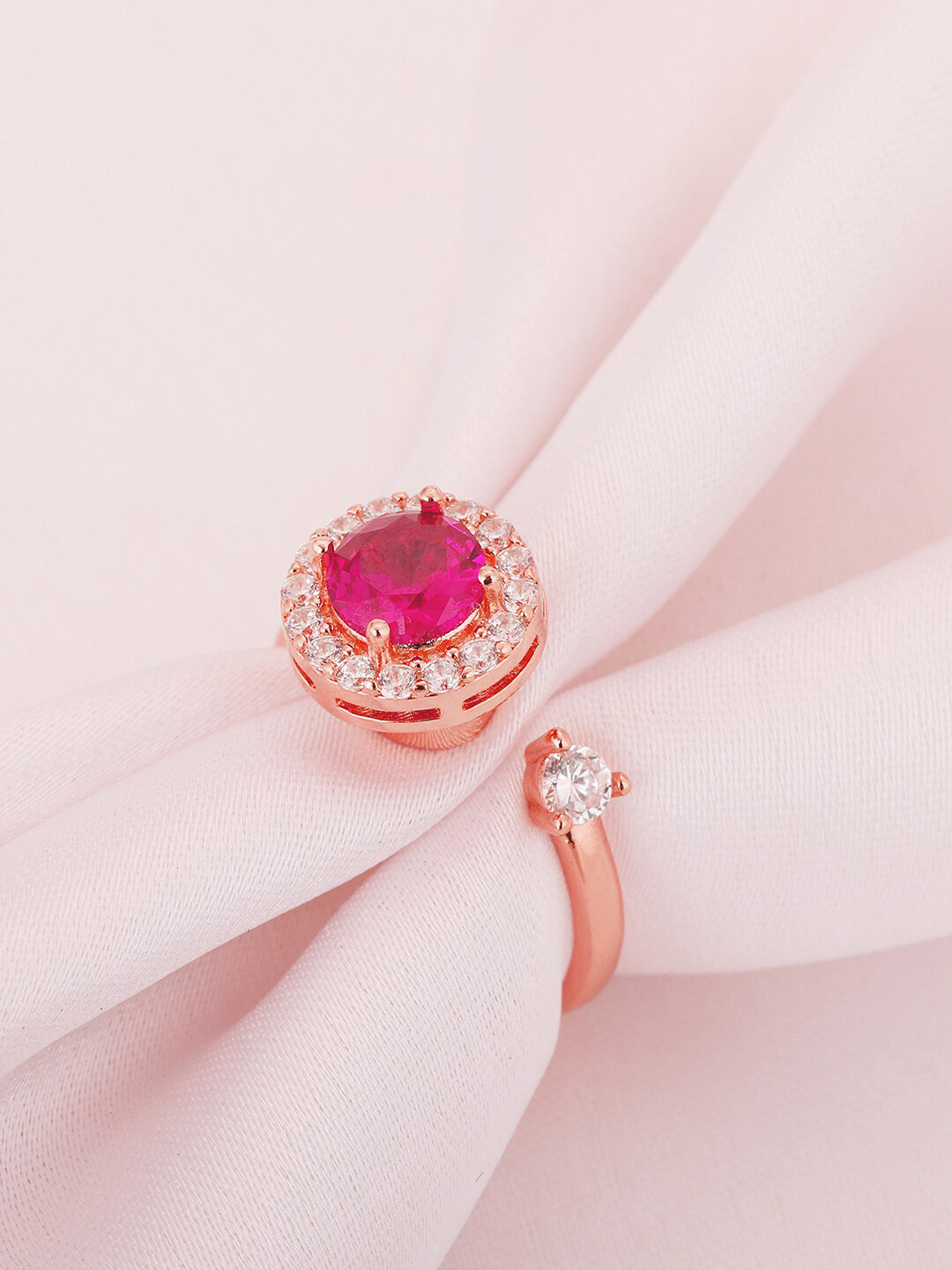 

GIVA 925 Sterling Silver Rose Gold-Plated White & Red Stone-Studded Adjustable Finger Ring