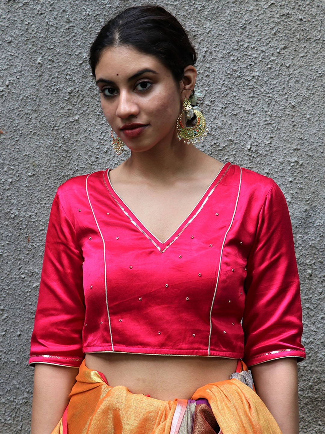 

Chidiyaa Women Pink Embroidered Silk Saree Blouse