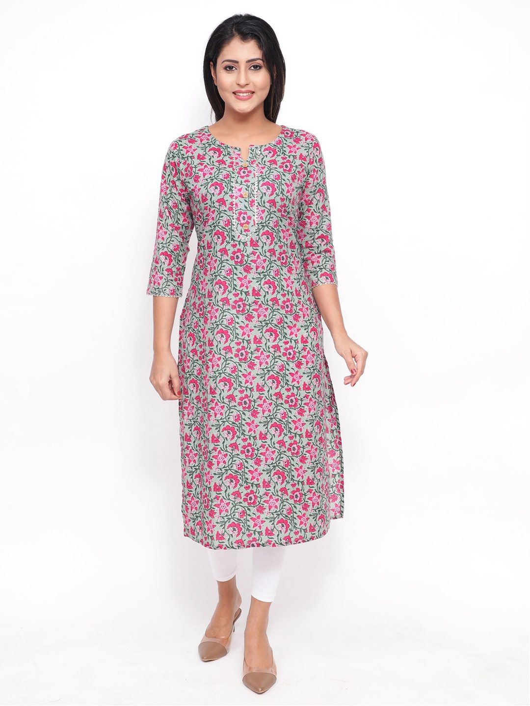 

Jevi Prints Women Pink & Green Floral Printed Pure Cotton Kurta