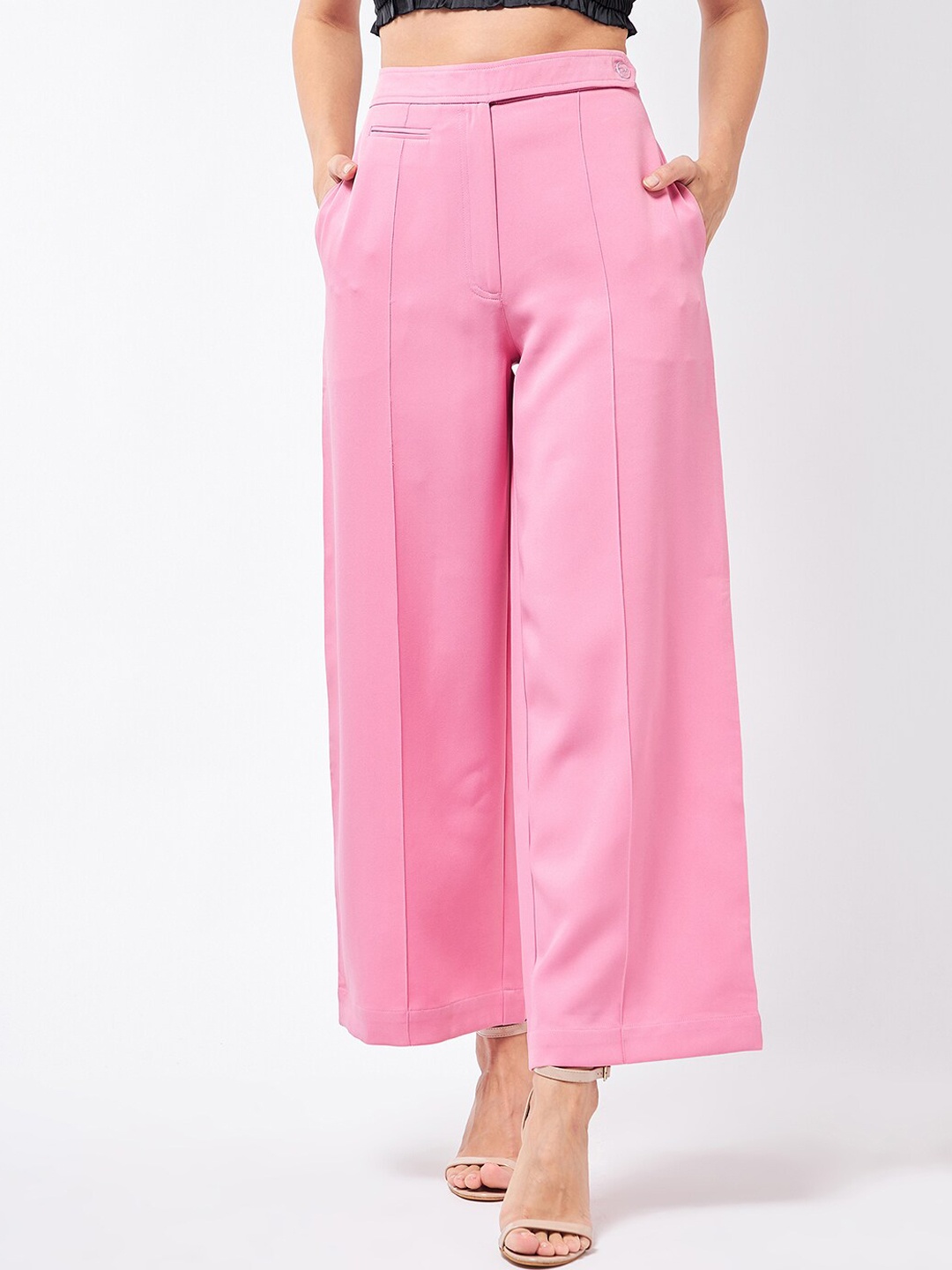 

MAGRE Women Pink Relaxed Flared High-Rise Pleated Trousers