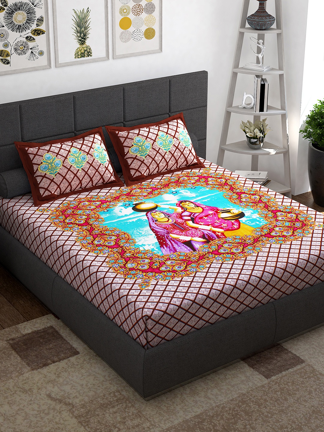 

Story@home Brown Blue Ethnic Motifs 144 TC Queen Bedsheet with 2 Pillow Covers