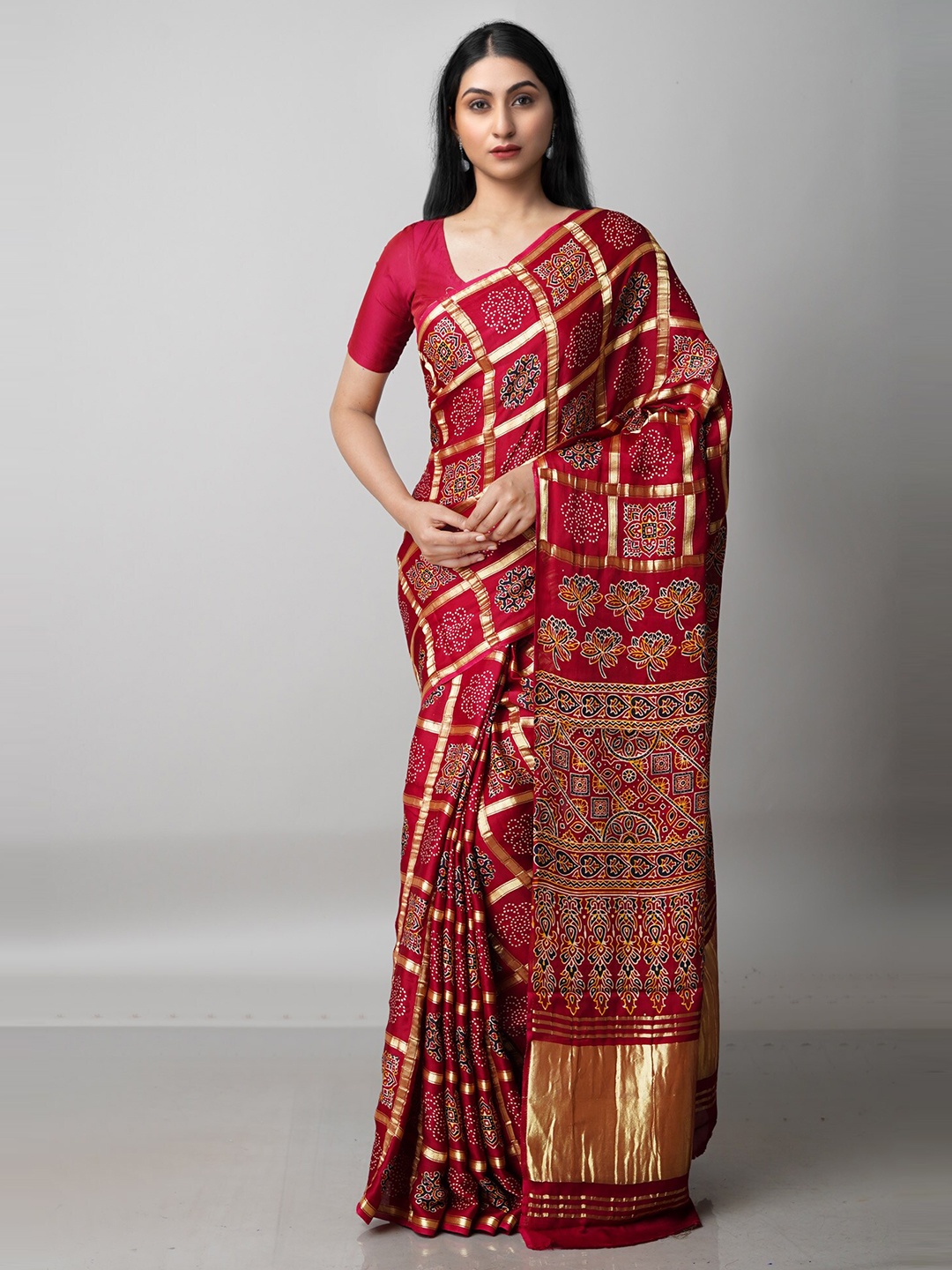 

Unnati Silks Maroon & Gold-Toned Ajrakh Printed Banarasi Zari Saree