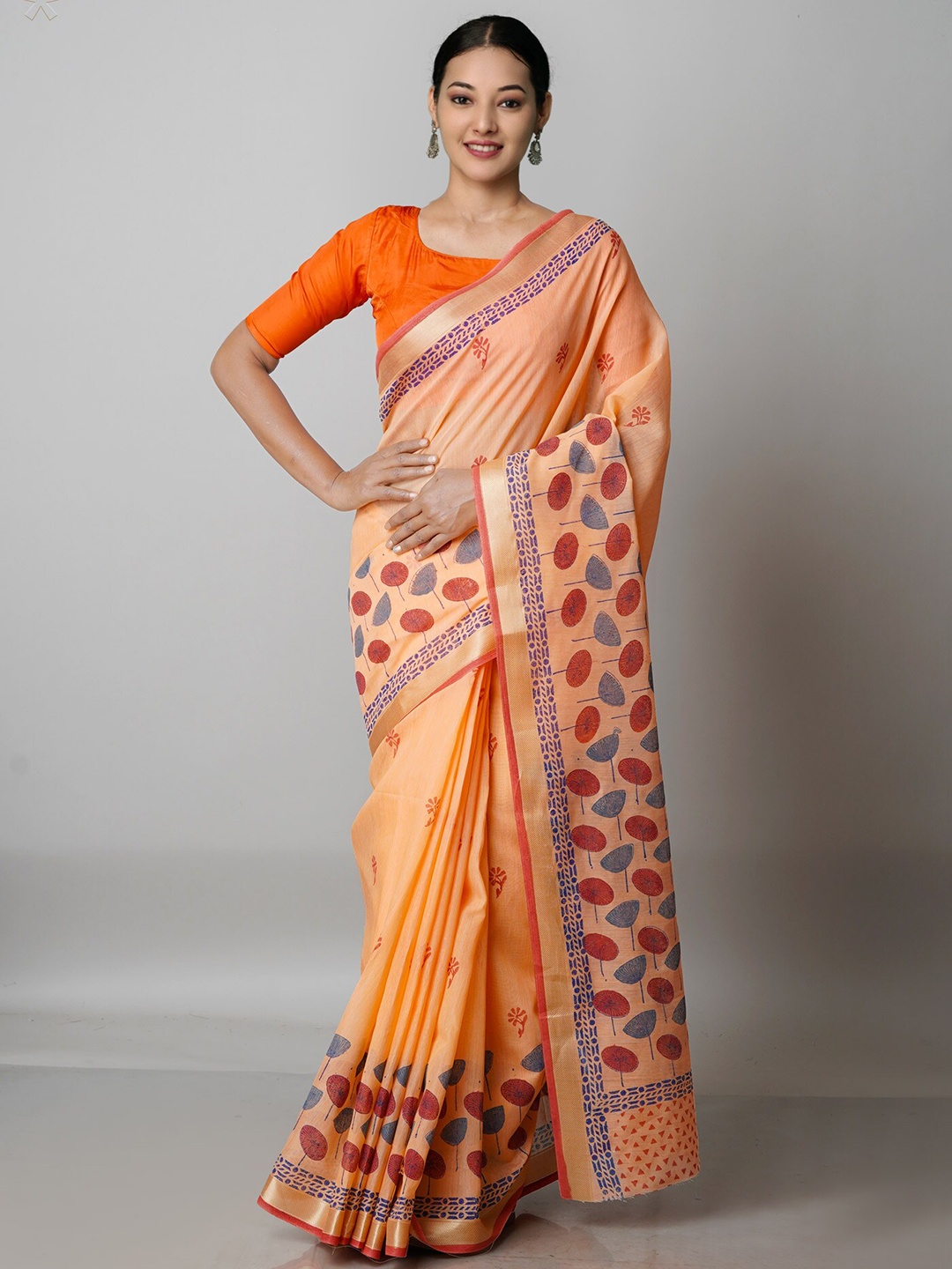 

Unnati Silks Orange & Red Ethnic Motifs Block Printed Mangalagiri Saree