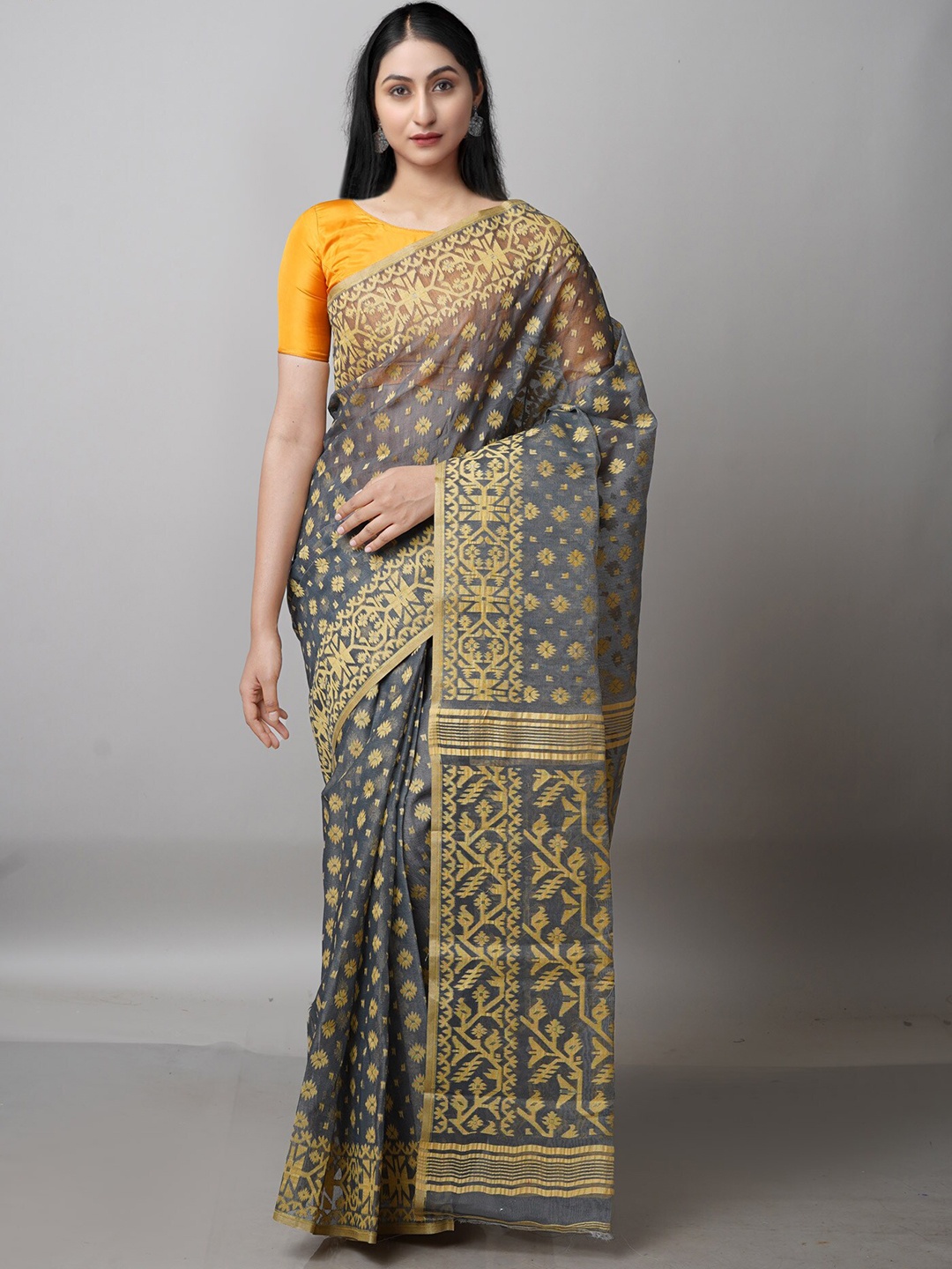 

Unnati Silks Grey & Gold-Toned Woven Design Handloom Pure Cotton Jamdani Saree
