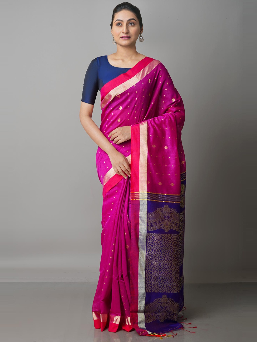 

Unnati Silks Pink & Blue Woven Design Handloom Silk Cotton Jamdani Zari Saree