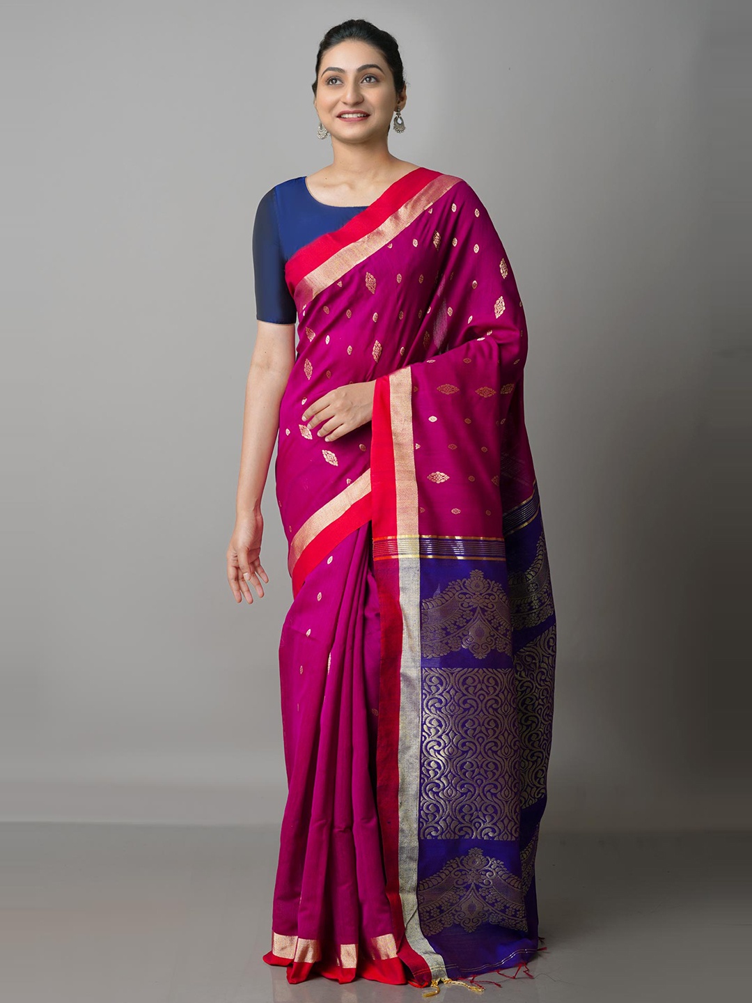

Unnati Silks Pink & Blue Woven Design Silk Cotton Handloom Jamdani Zari Saree