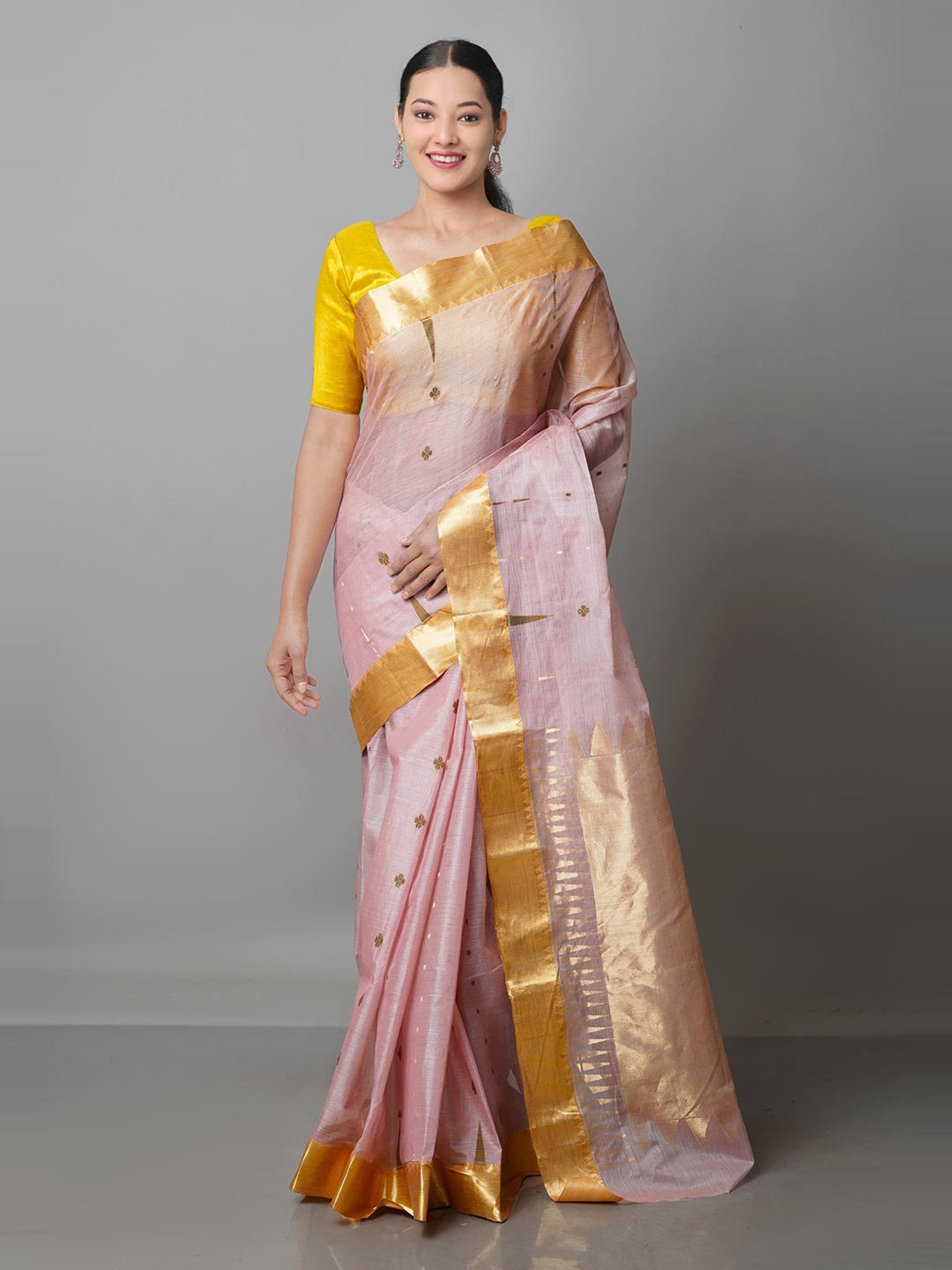 

Unnati Silks Peach-Coloured & Gold-Toned Handloom Pure Cotton Jamdani Zari Saree