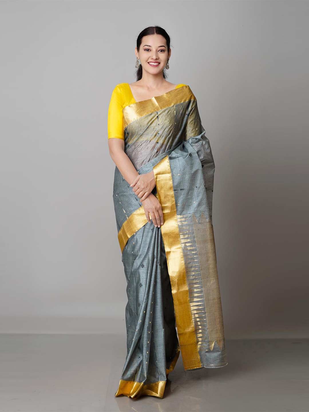 

Unnati Silks Grey & Gold-Toned Woven Design Handloom Pure Cotton Jamdani Zari Saree