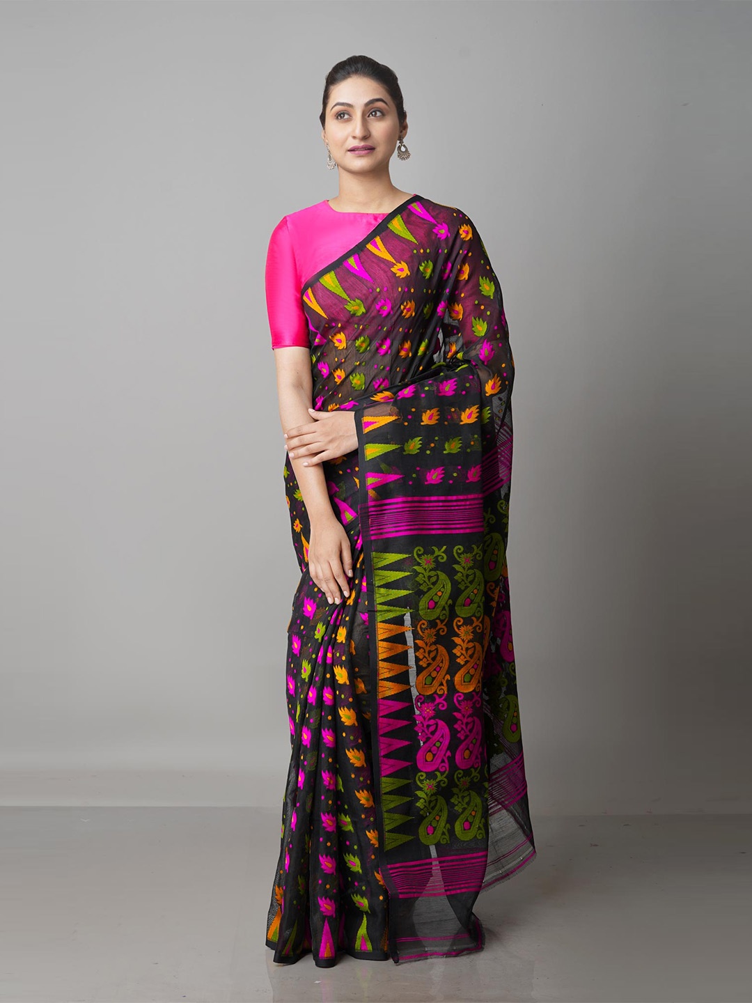 

Unnati Silks Black & Orange Woven Design Handloom Jamdani Saree