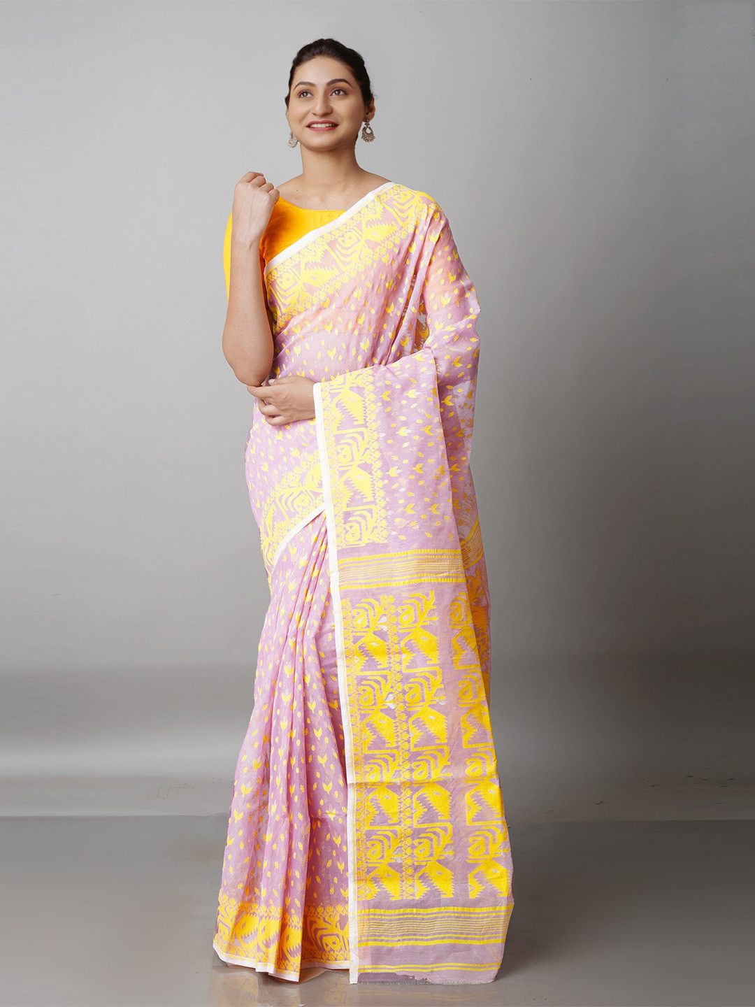 

Unnati Silks Lavender & Yellow Woven Design Handloom Pure Cotton Jamdani Saree