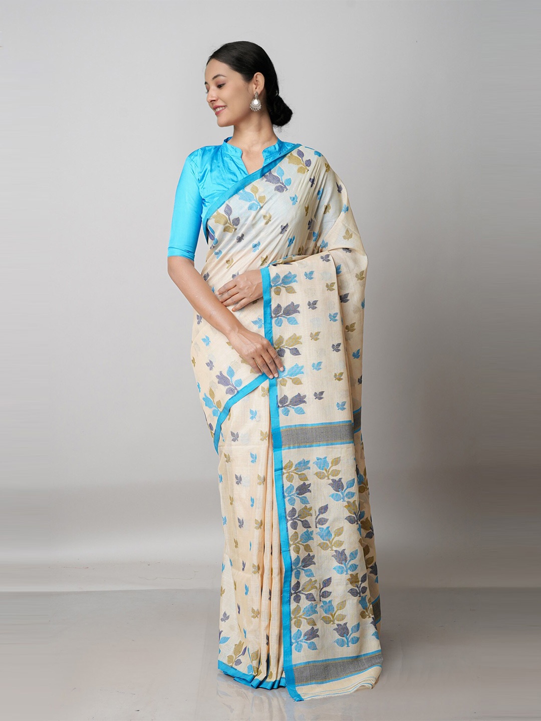 

Unnati Silks Beige & Blue Woven Design Handloom Jamdani Saree