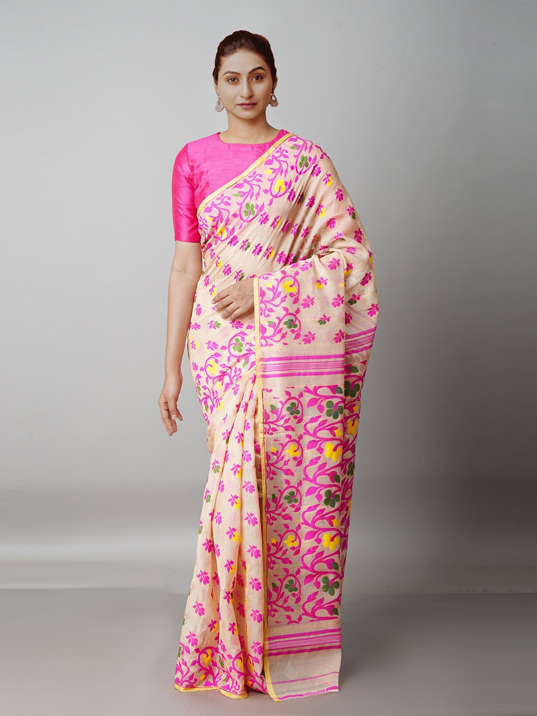 

Unnati Silks Beige & Pink Woven Design Handloom Jamdani Saree