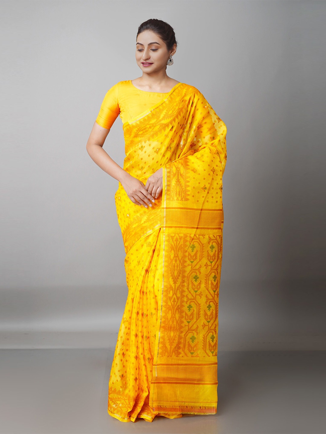 

Unnati Silks Yellow & Gold-Toned Woven Design Handloom Silk Cotton Jamdani Zari Saree