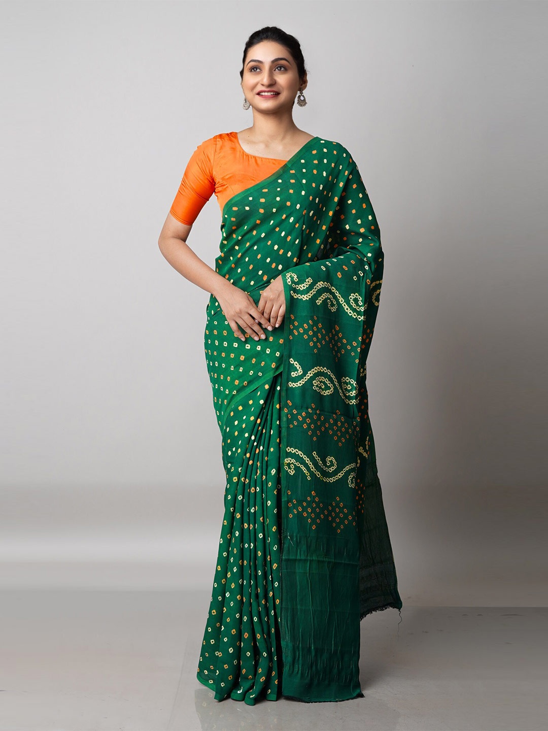 

Unnati Silks Dark Green & White Bandhani Printed Saree