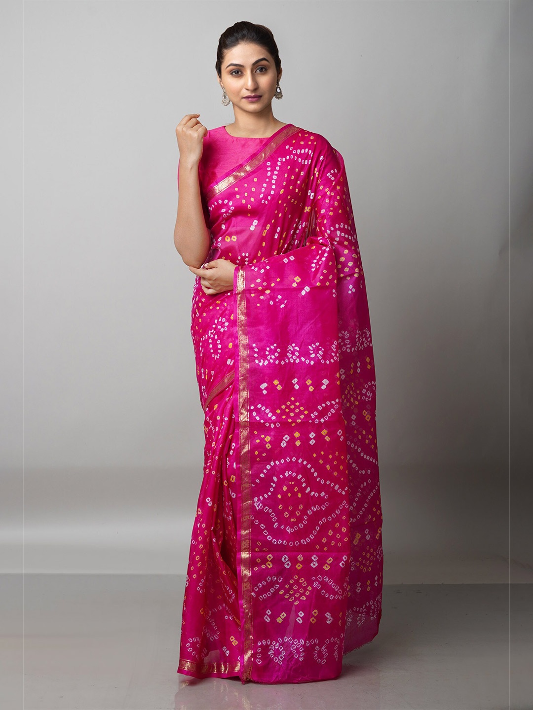 

Unnati Silks Pink & White Bandhani Printed Zari Saree
