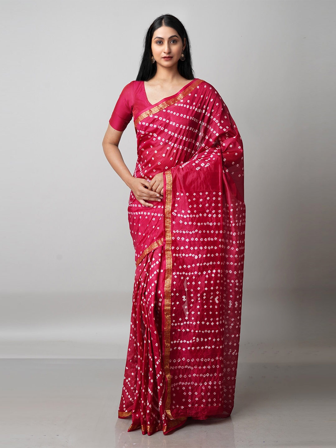 

Unnati Silks Maroon & White Bandhani Printed Zari Saree