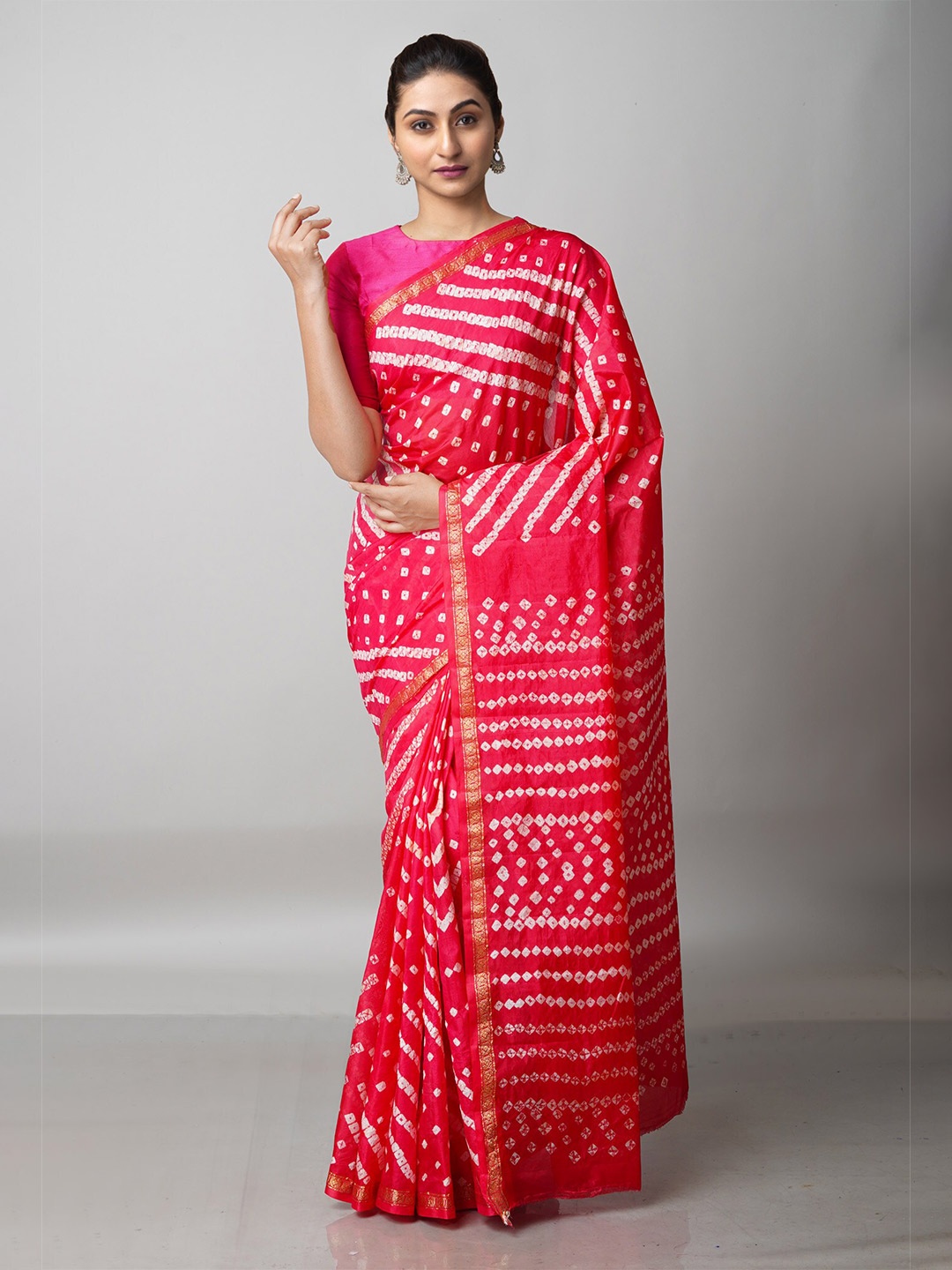 

Unnati Silks Pink & White Bandhani Printed Zari Saree