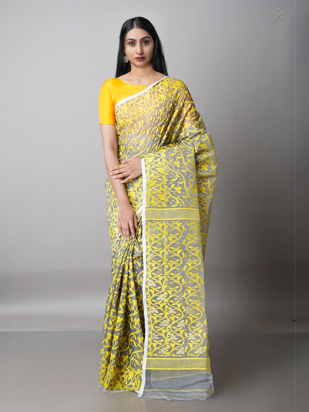 

Unnati Silks Grey & Yellow Woven Design Handloom Pure Cotton Jamdani Saree