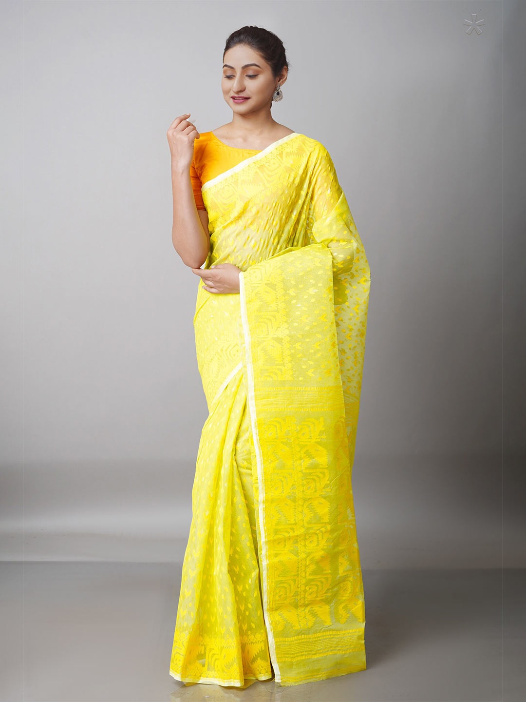 

Unnati Silks Yellow & White Woven Design Handloom Pure Cotton Jamdani Saree