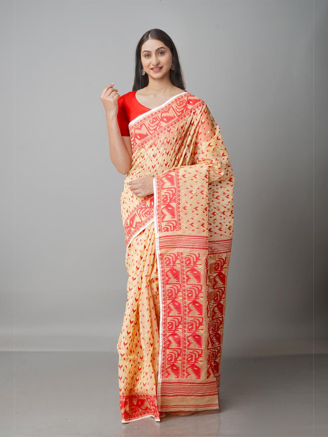 

Unnati Silks Cream-Coloured & Red Woven Design Handloom Pure Cotton Jamdani Saree