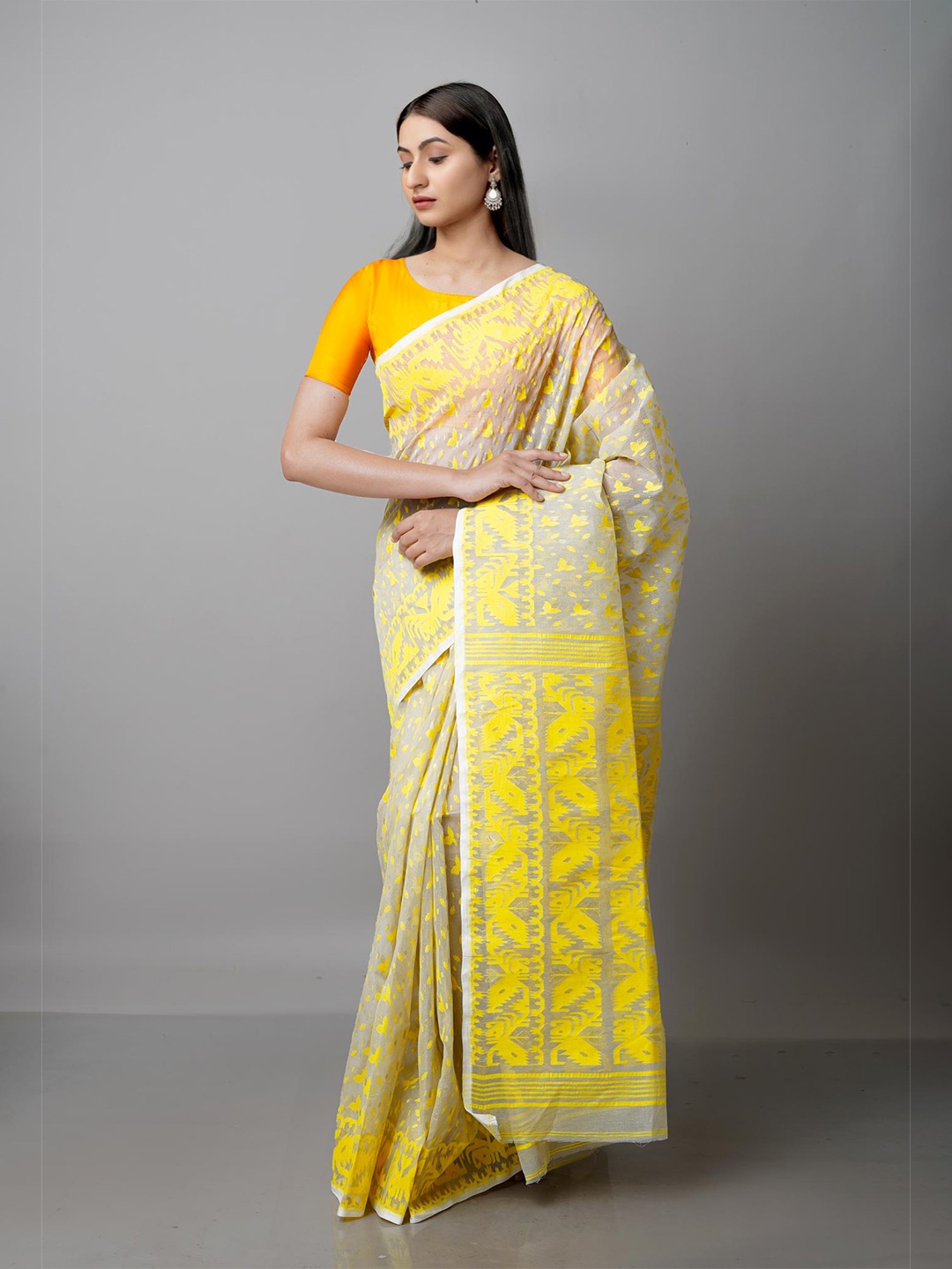 

Unnati Silks Grey & Yellow Woven Design Handloom Pure Cotton Jamdani Saree
