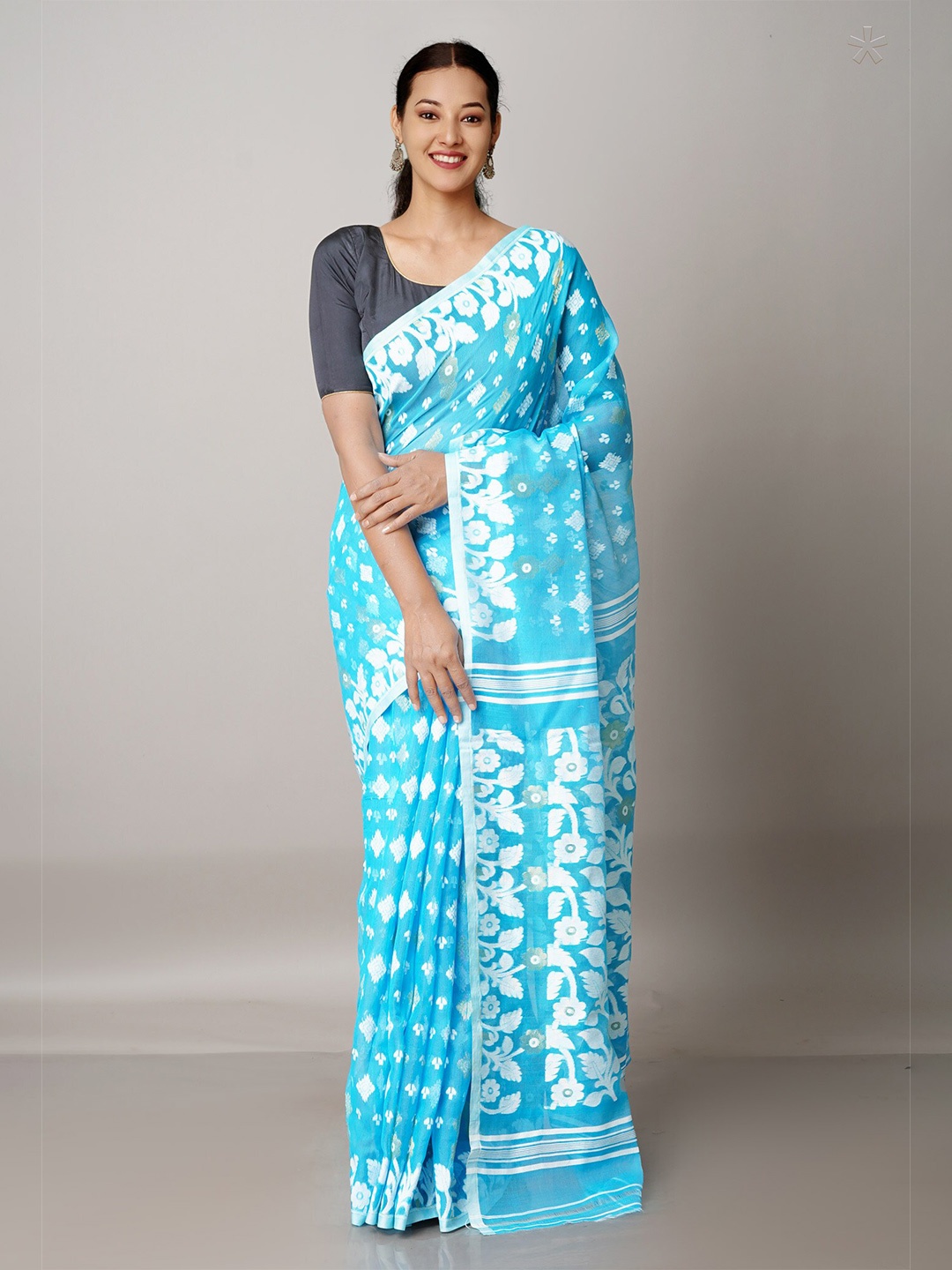 

Unnati Silks Blue & White Woven Design Handloom Jamdani Saree