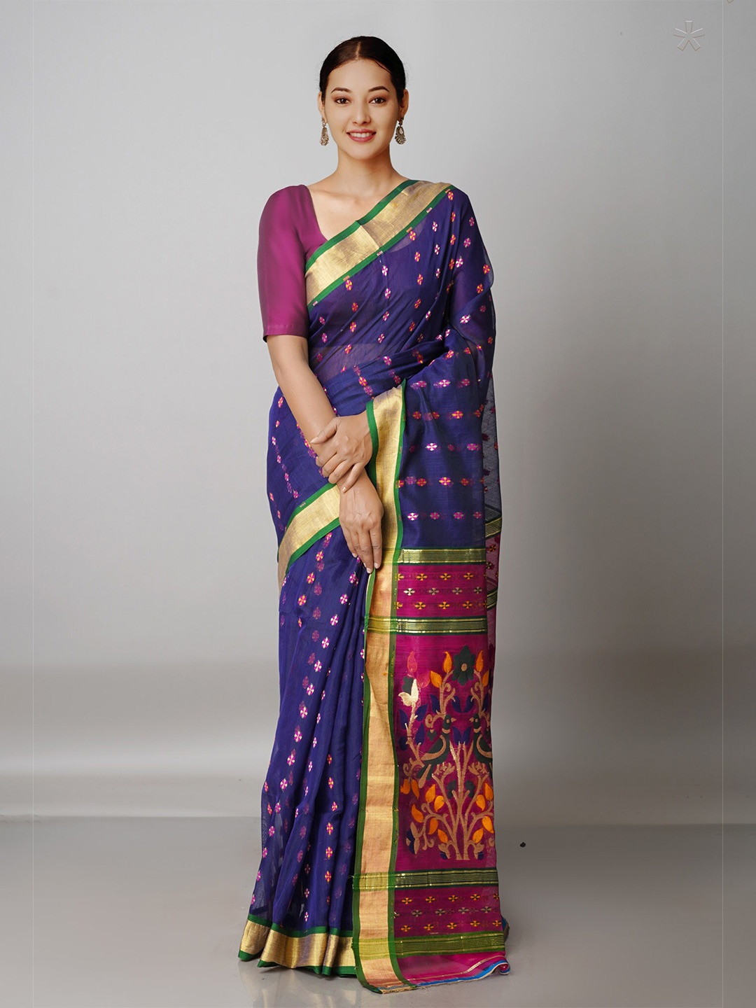 

Unnati Silks Navy Blue & Purple Woven Design Handloom Jamdani Zari Saree