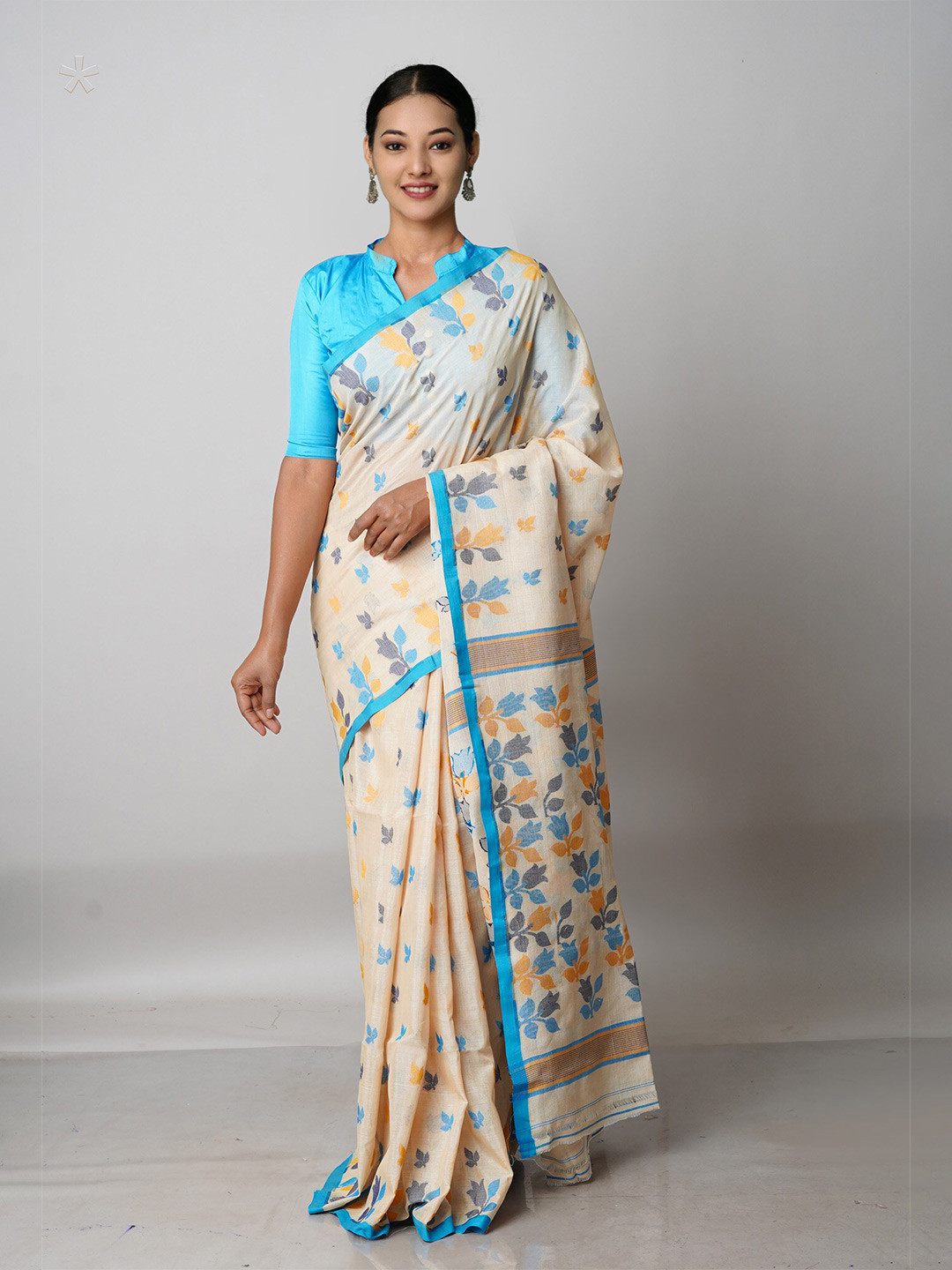 

Unnati Silks Beige & Blue Woven Design Handloom Jamdani Saree