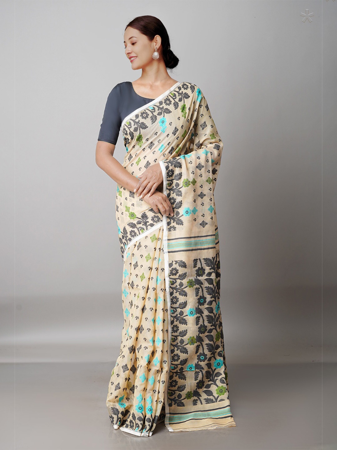 

Unnati Silks Beige & Black Woven Design Handloom Jamdani Saree