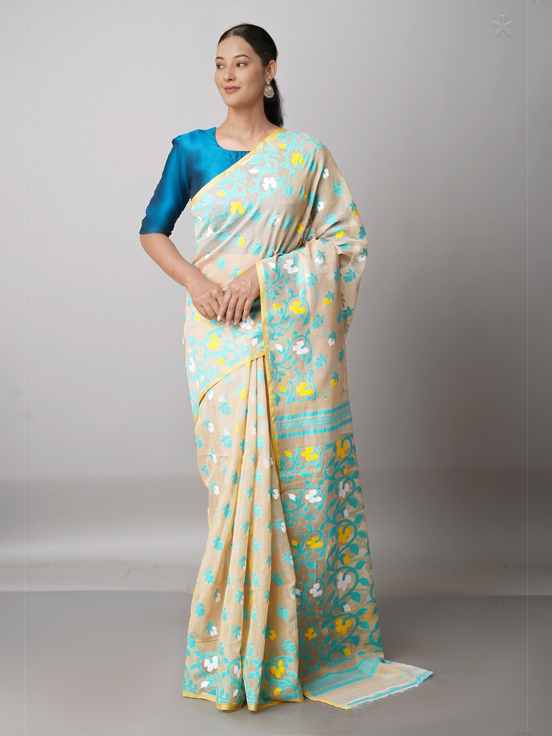 

Unnati Silks Cream-Coloured & Blue Woven Design Handloom Jamdani Saree