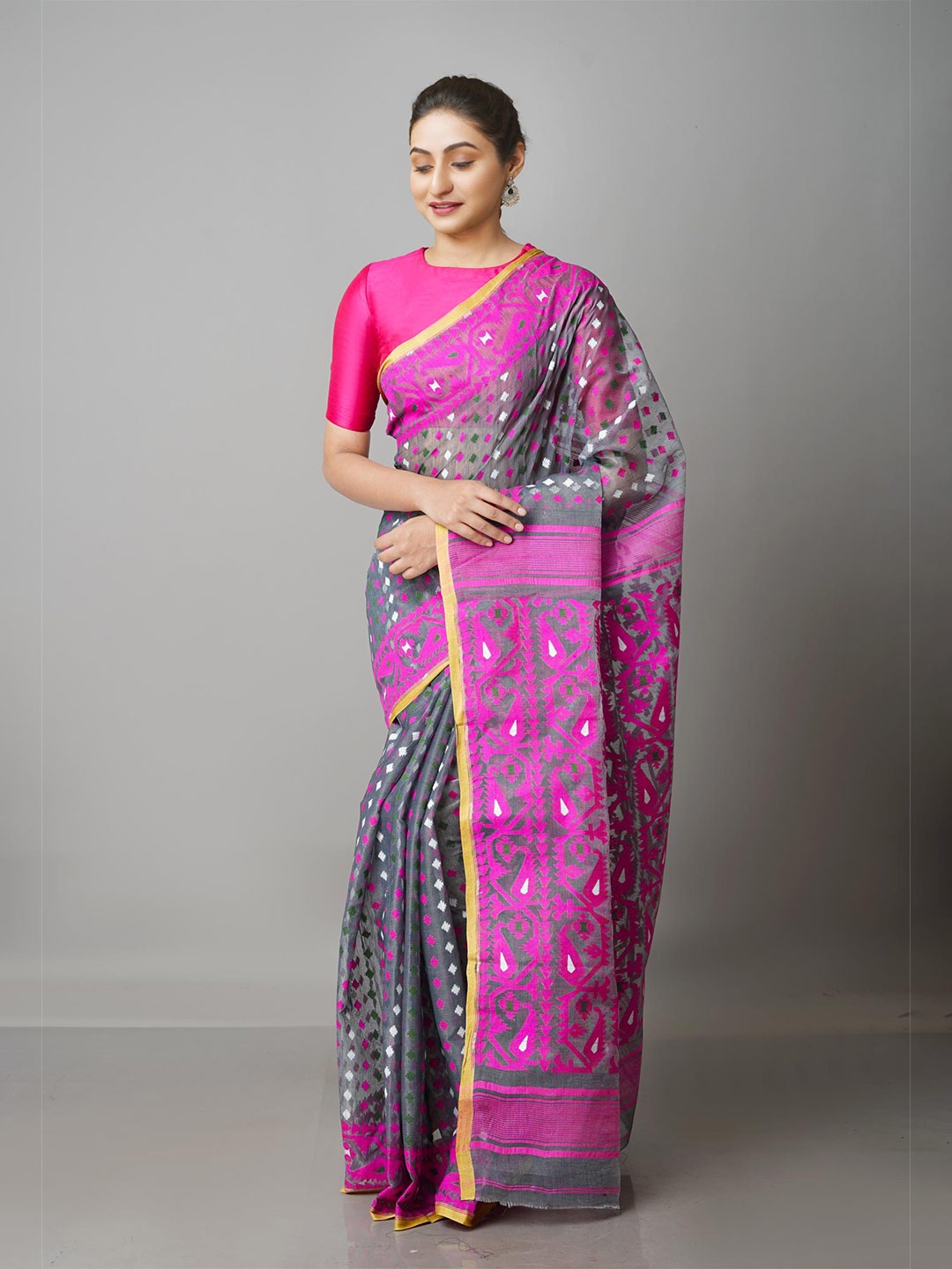 

Unnati Silks Grey & Pink Woven Design Handloom Pure Cotton Jamdani Saree