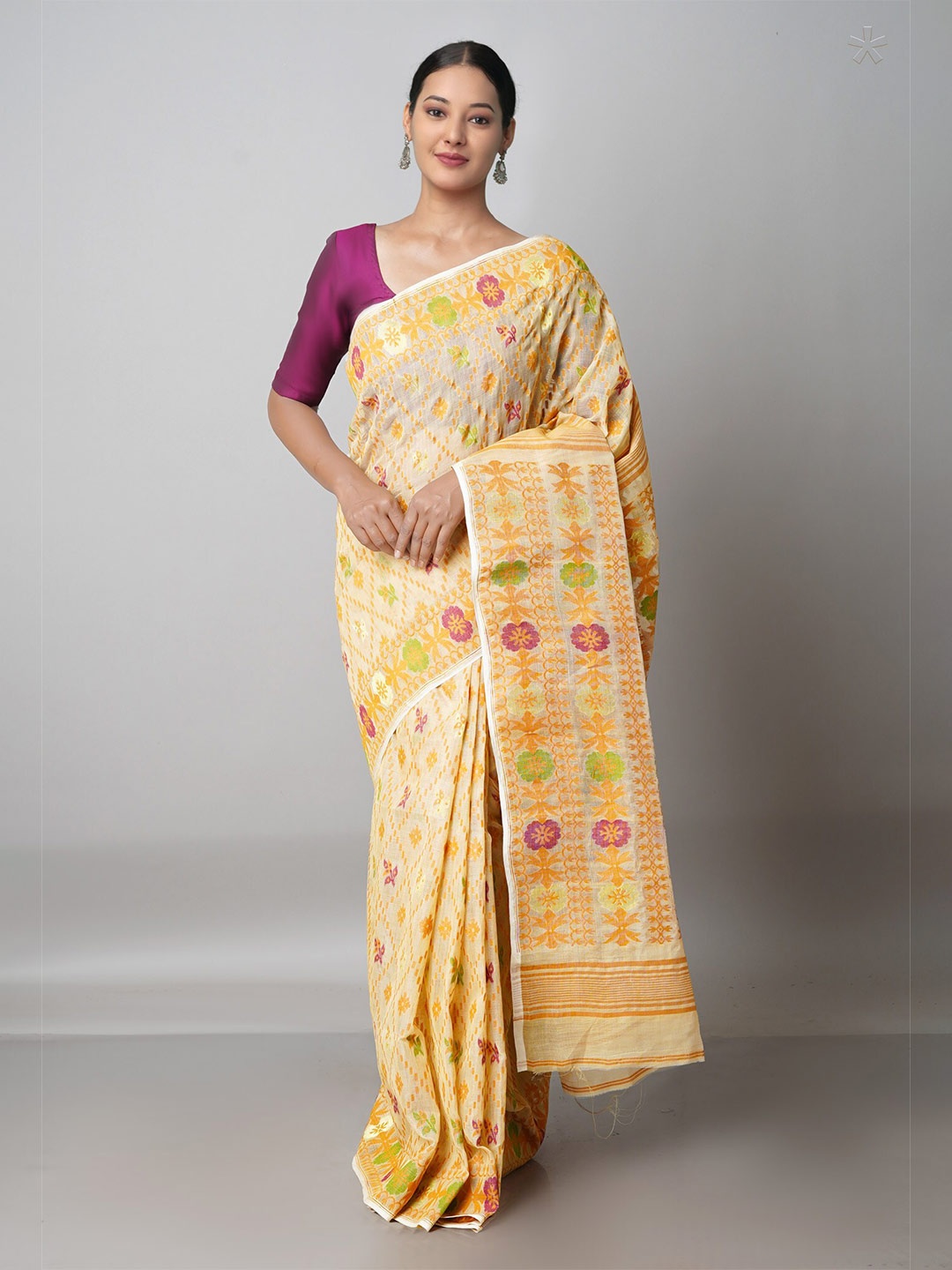 

Unnati Silks Cream-Coloured & Yellow Woven Design Handloom Pure Cotton Jamdani Saree