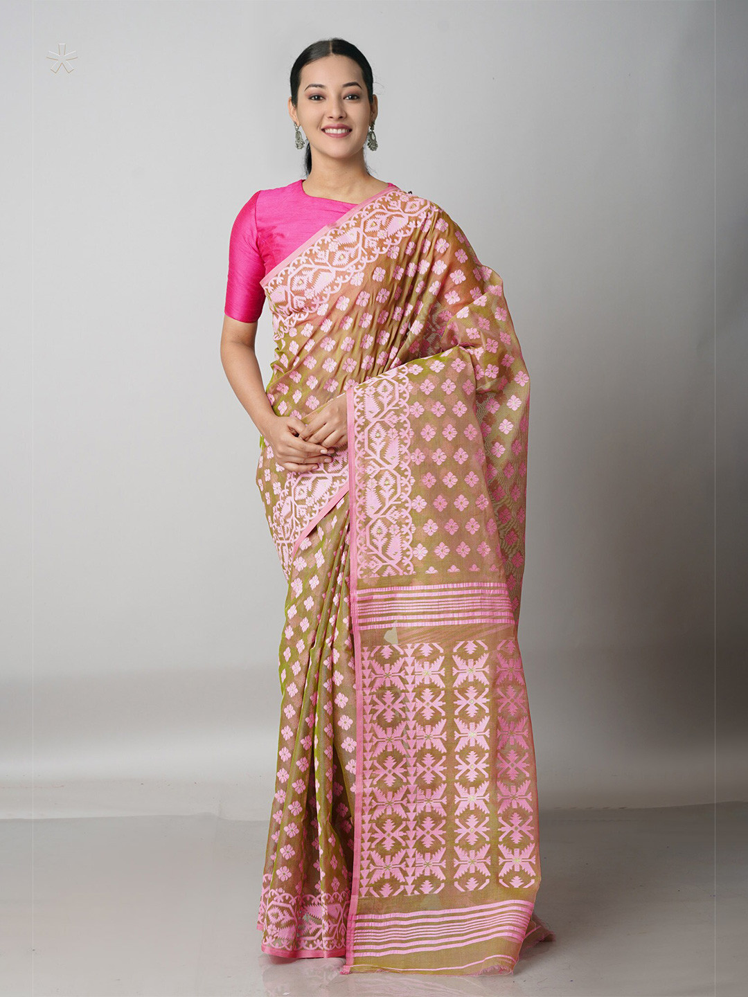 

Unnati Silks Olive Green & Pink Woven Design Handloom Pure Cotton Jamdani Zari Saree