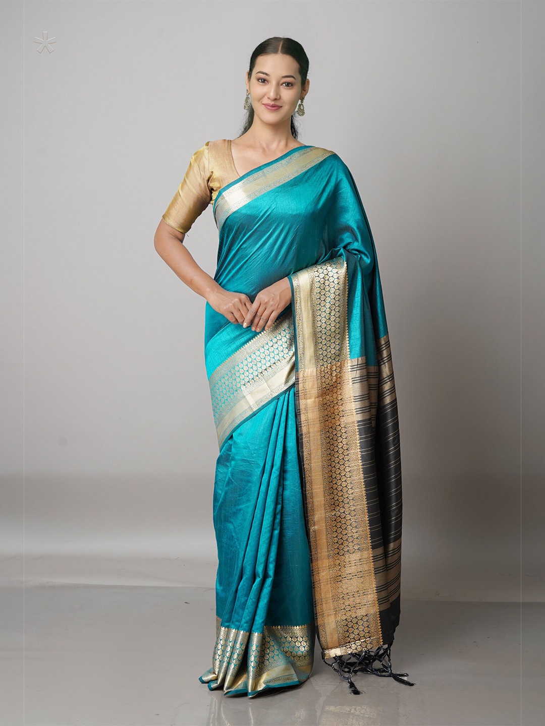 

Unnati Silks Blue & Gold-Toned Zari Silk Blend Banarasi Saree