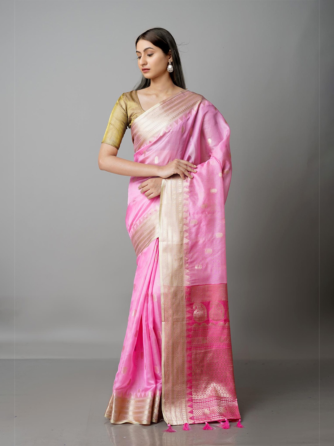 

Unnati Silks Pink & Gold-Toned Woven Design Banarasi Zari Saree