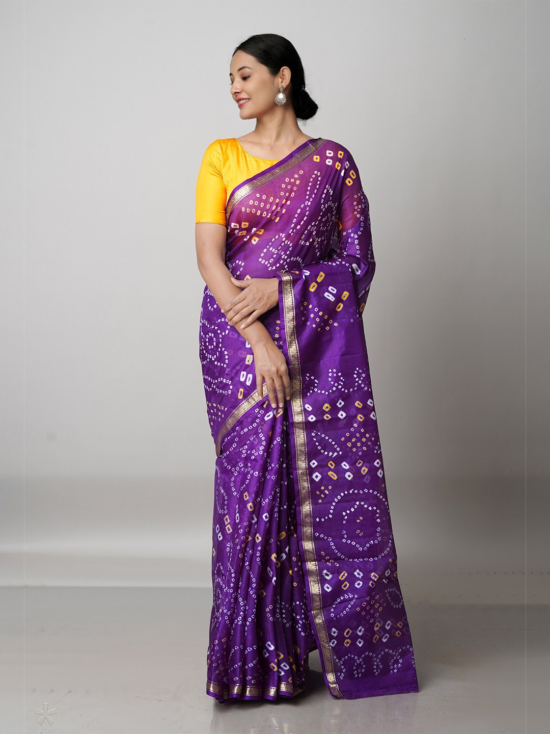 

Unnati Silks Violet & White Bandhani Zari Pure Silk Bandhani Saree