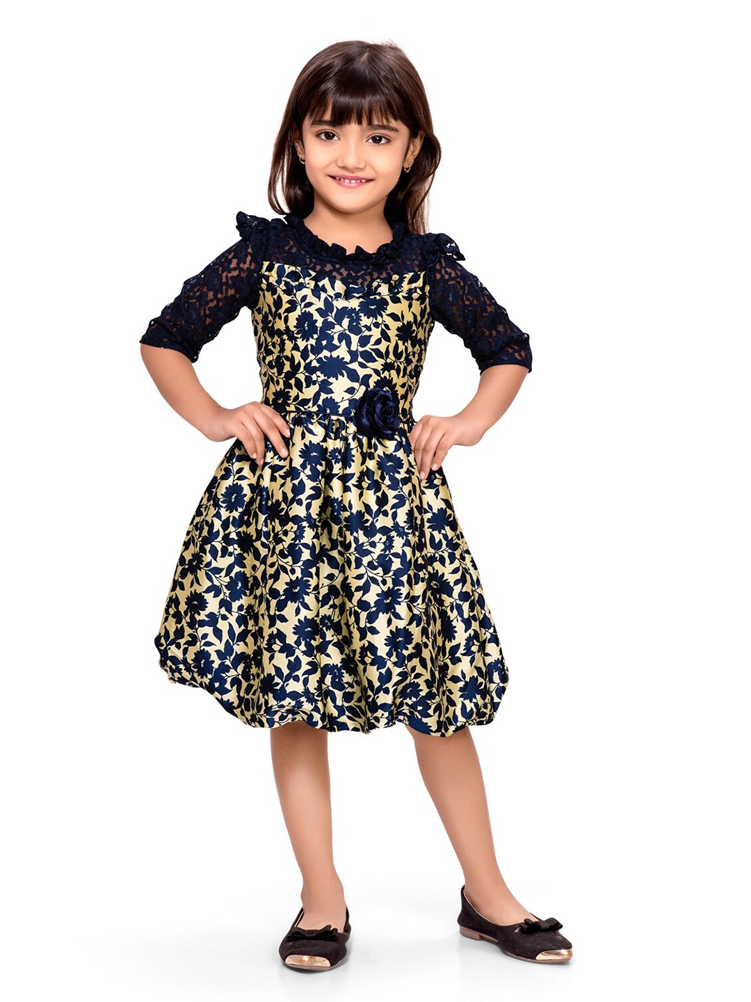 

Doodle Yellow & Navy Blue Floral Fit & Flare Dress