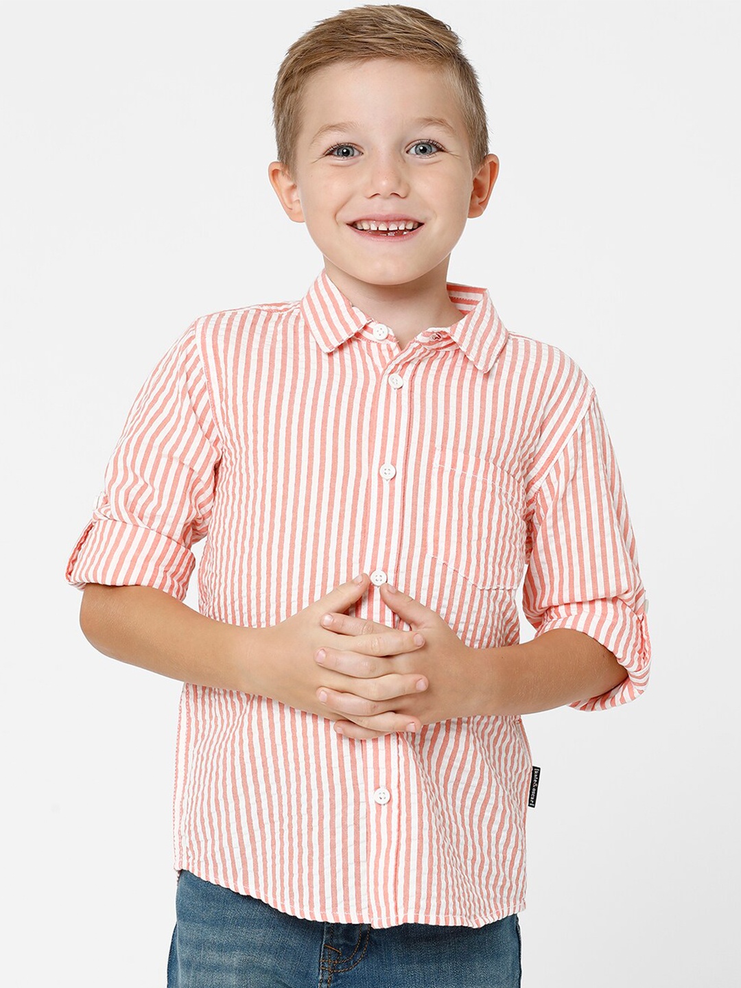 

KATE & OSCAR Boys Standard Striped Cotton Casual Shirt, Peach