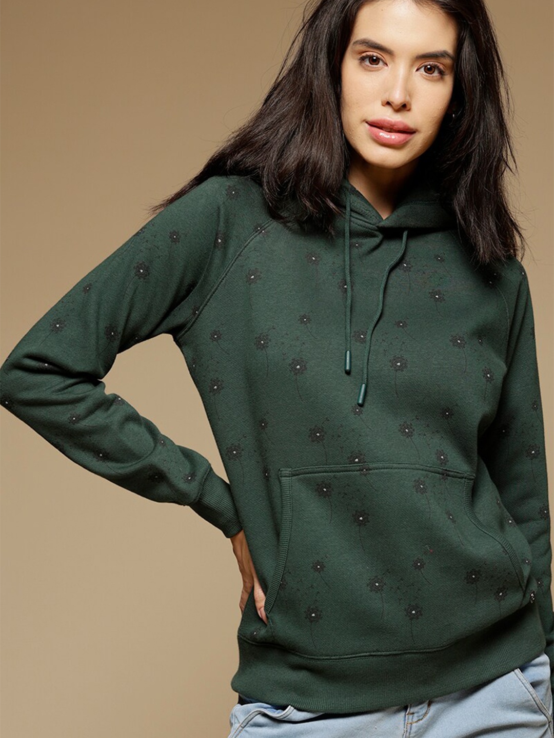 

Gipsy Women Green Printed Hooded Sweatshirt