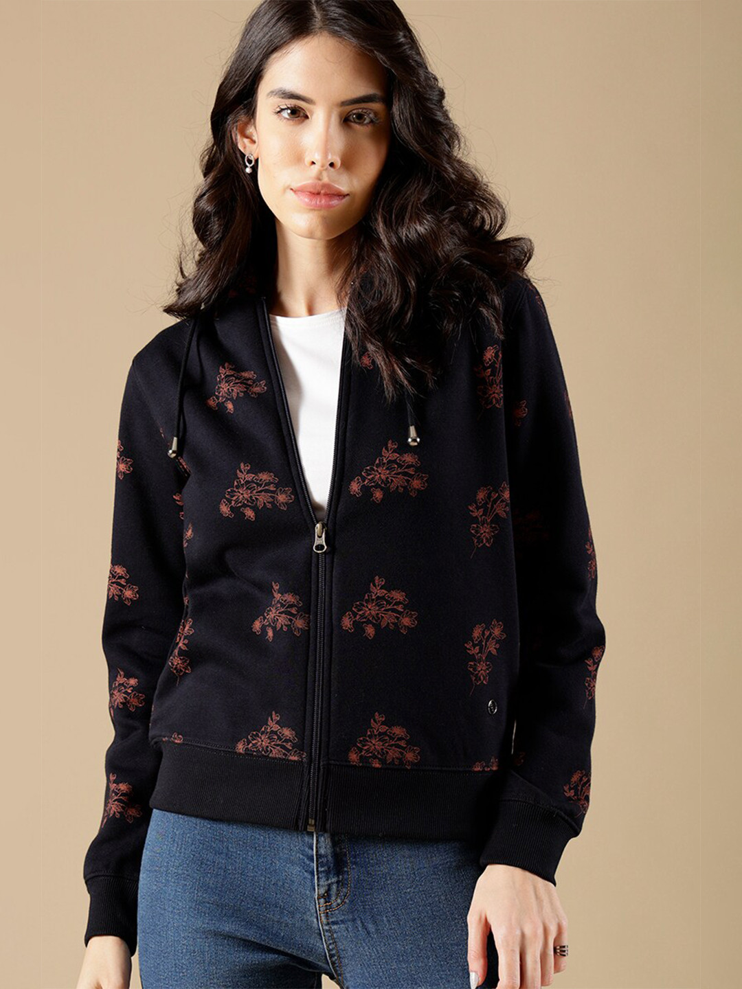 

Gipsy Women Navy Blue Printed Hooded Sweatshirt