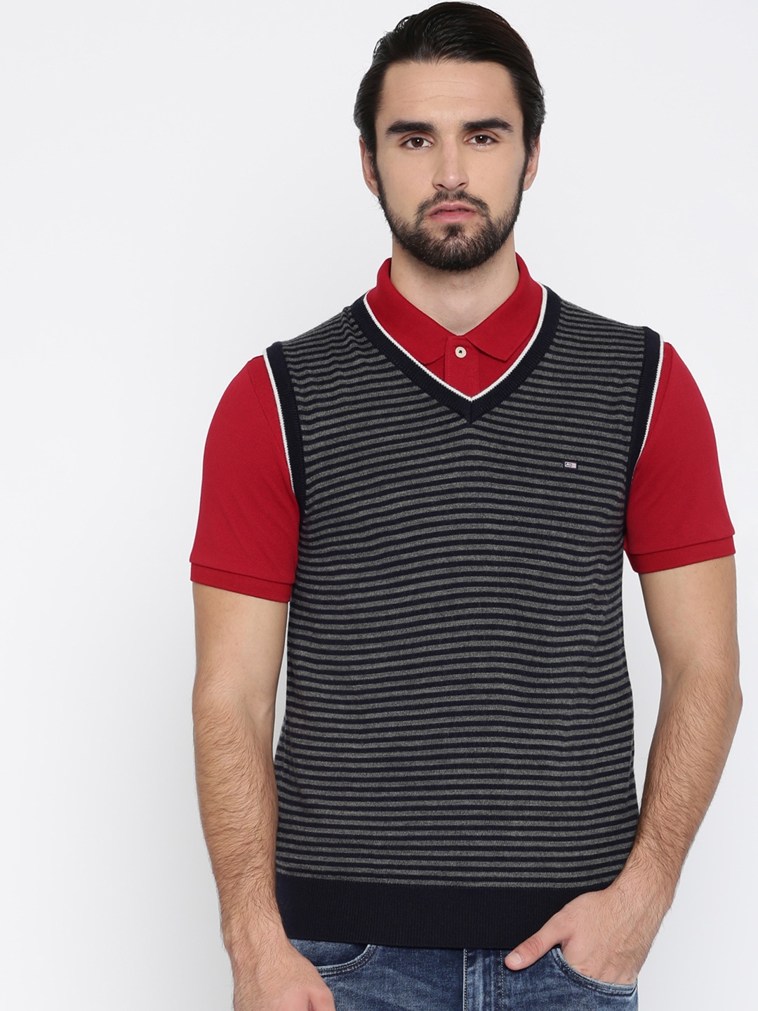 

Arrow Sport Men Grey & Navy Blue Striped Pullover