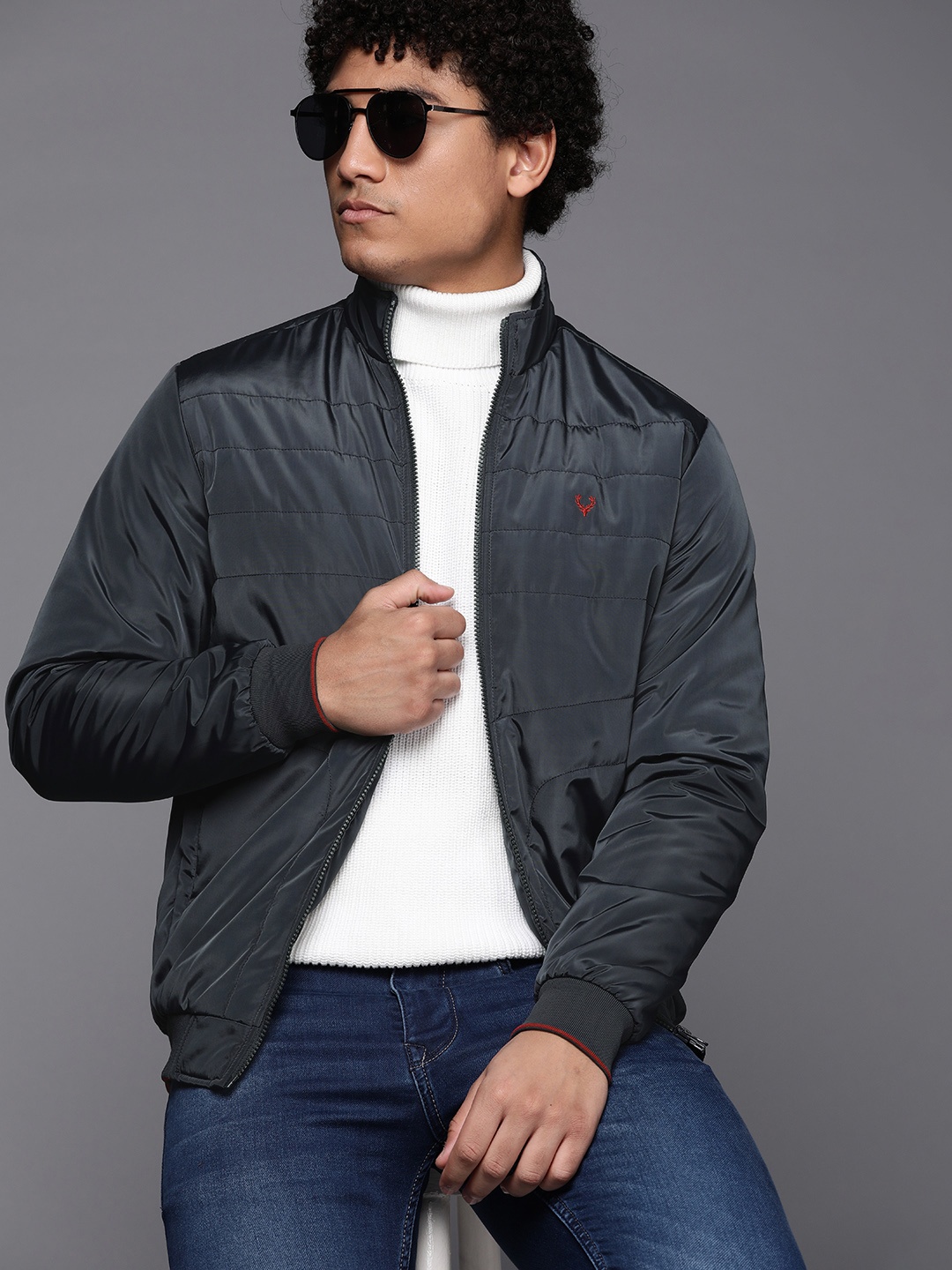 

Allen Solly Men Navy Blue Solid Bomber Jacket